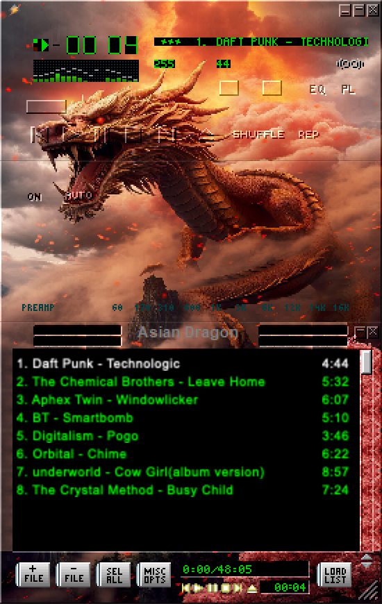 Roadie's main, equalizer and playlist windows docked, wearing the Asian Dragon skin: a painted dragon in orange clouds, playing Daft Punk's Technologic