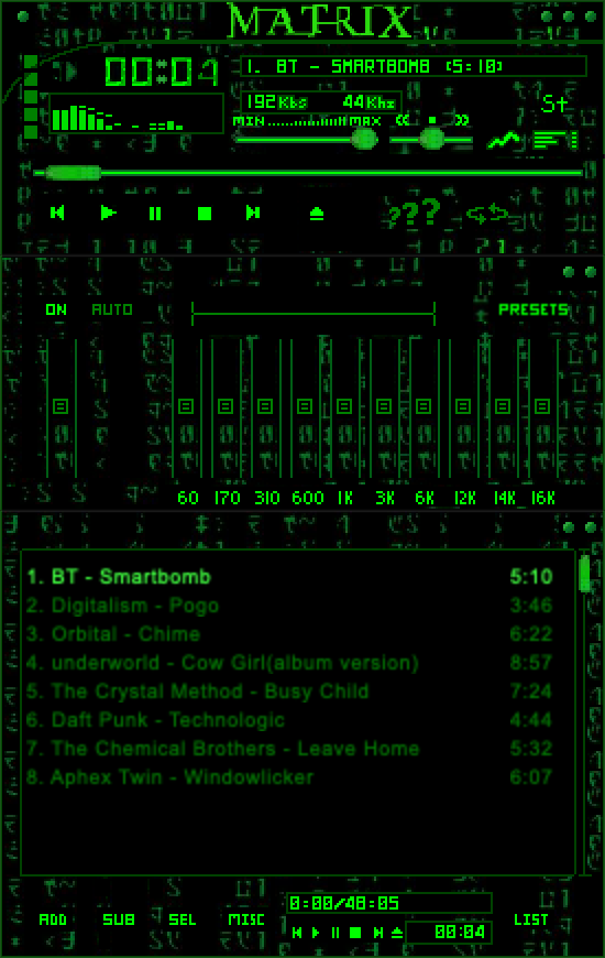 Roadie's main, equalizer and playlist windows docked, wearing the Matrix Code skin: green digital rain on black, playing BT's Smartbomb