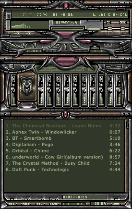 Roadie's main, equalizer and playlist windows docked, wearing The NightCrawler skin: biomechanical grey metal, playing The Chemical Brothers' Leave Home