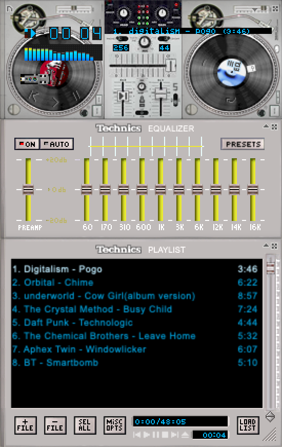 Roadie's main, equalizer and playlist windows docked, wearing the Technics White skin: twin silver turntables and a DJ mixer, playing Digitalism's Pogo
