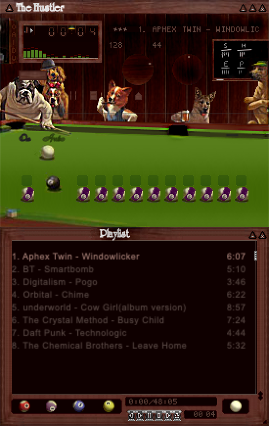 Roadie's main, equalizer and playlist windows docked, wearing The Hustler skin: dogs shooting pool on green felt, playing Aphex Twin's Windowlicker